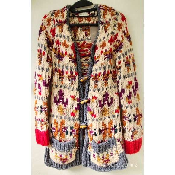 Chunky Knit Boho Neo Fairisle Cardigan Sweater, Wooden Toggle Buttons, ANTHRO - Picture 4 of 16